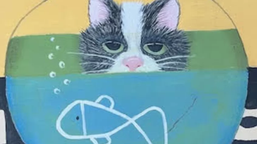 acrylic painting of a cat looking through a fish bowl
