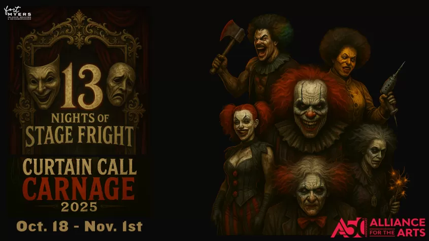 black background with creepy clowns on the right and 13 nights of stage fright on the left with the drama faces