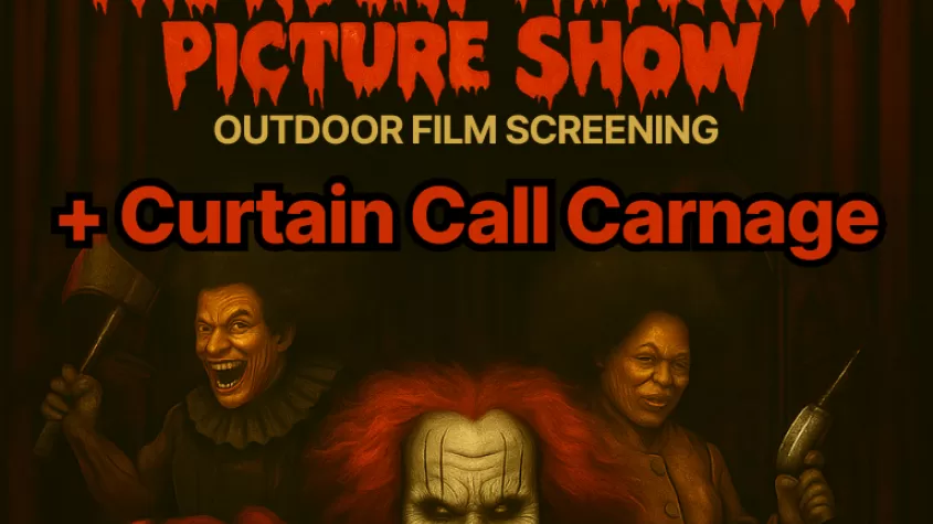 black background with creepy clowns and the classic rocky horror lips at the top of the page. Drippy red font spelling out Rocky Horror Picture Show