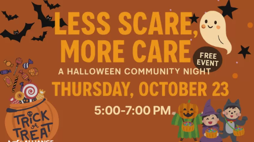 Orange background with cute ghosts and bats, kids in costume and a trick or treat pumpkin with Less Scare more Care in orange font