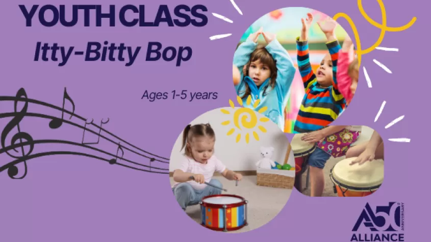 purple background with music notes on the left and three images on the right of little kids