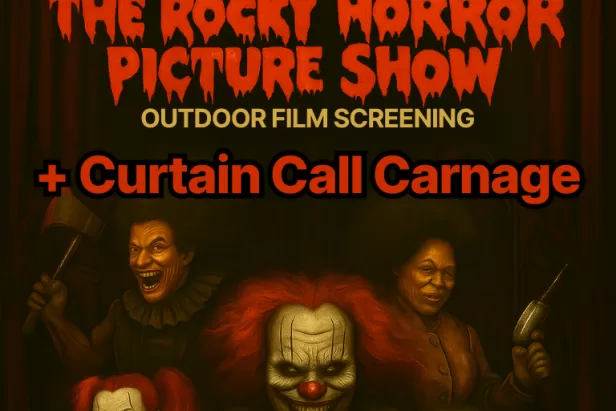 black background with creepy clowns and the classic rocky horror lips at the top of the page. Drippy red font spelling out Rocky Horror Picture Show
