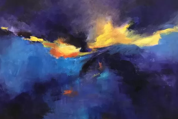 acrylic painting with blues on the bottom, purples on the top and a bright yellow swatch through the middile
