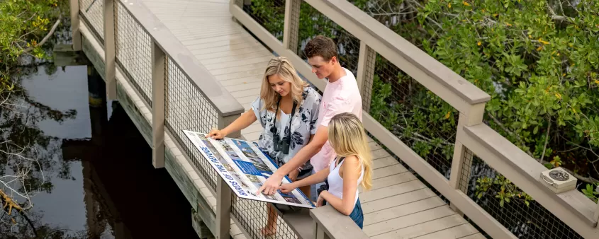 Three people standing on a wooden boardwalk over mangroves, examining an informational sign together.